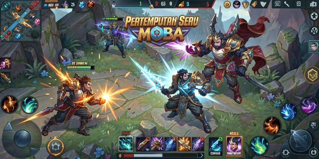 Tangkapan layar utama 6CF menampilkan aksi penuh strategi dalam pertempuran MOBA.