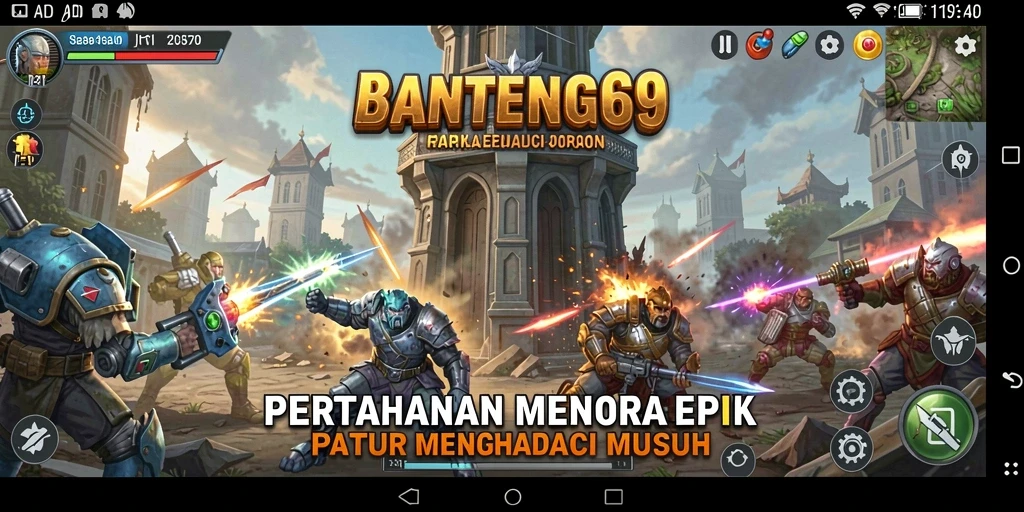 Tangkapan layar menampilkan aksi bertahan melawan gelombang musuh di BANTENG69.