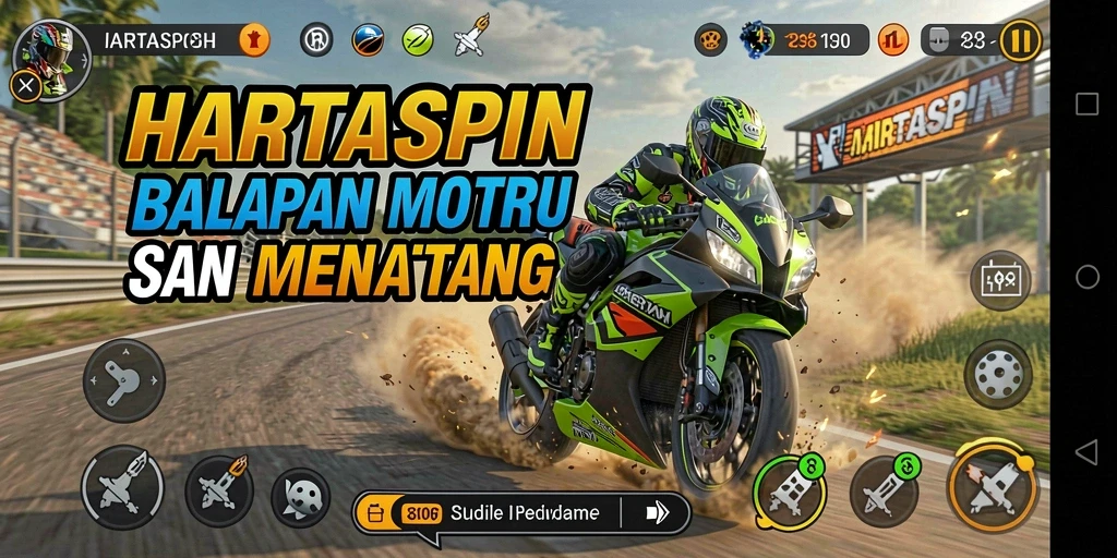 Tampilan gameplay HARTASPIN dengan balapan motor yang mendebarkan.