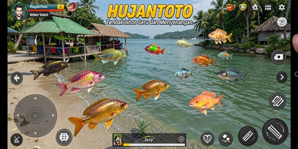 Screenshot gameplay HUJANTOTO menampilkan aksi menembak ikan yang seru.
