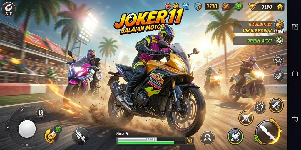 Gameplay JOKER11 dengan motor balap di trek yang menantang.