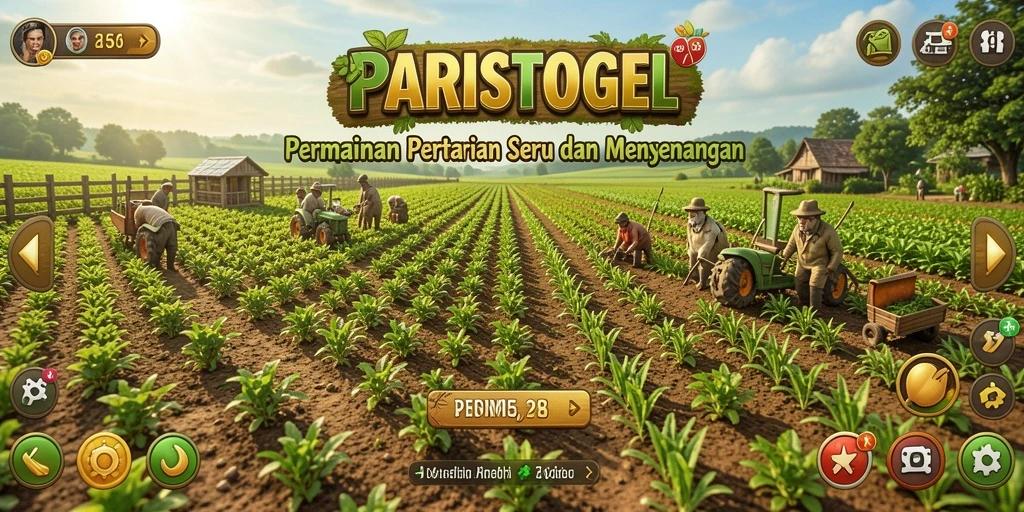 Screenshot utama PARISTOGEL menampilkan aktivitas bercocok tanam yang menyenangkan.