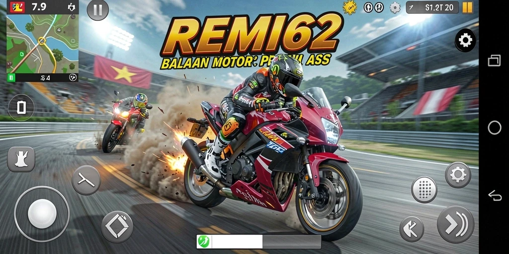 Tampilan gameplay balapan motor yang mendebarkan di REMI62.